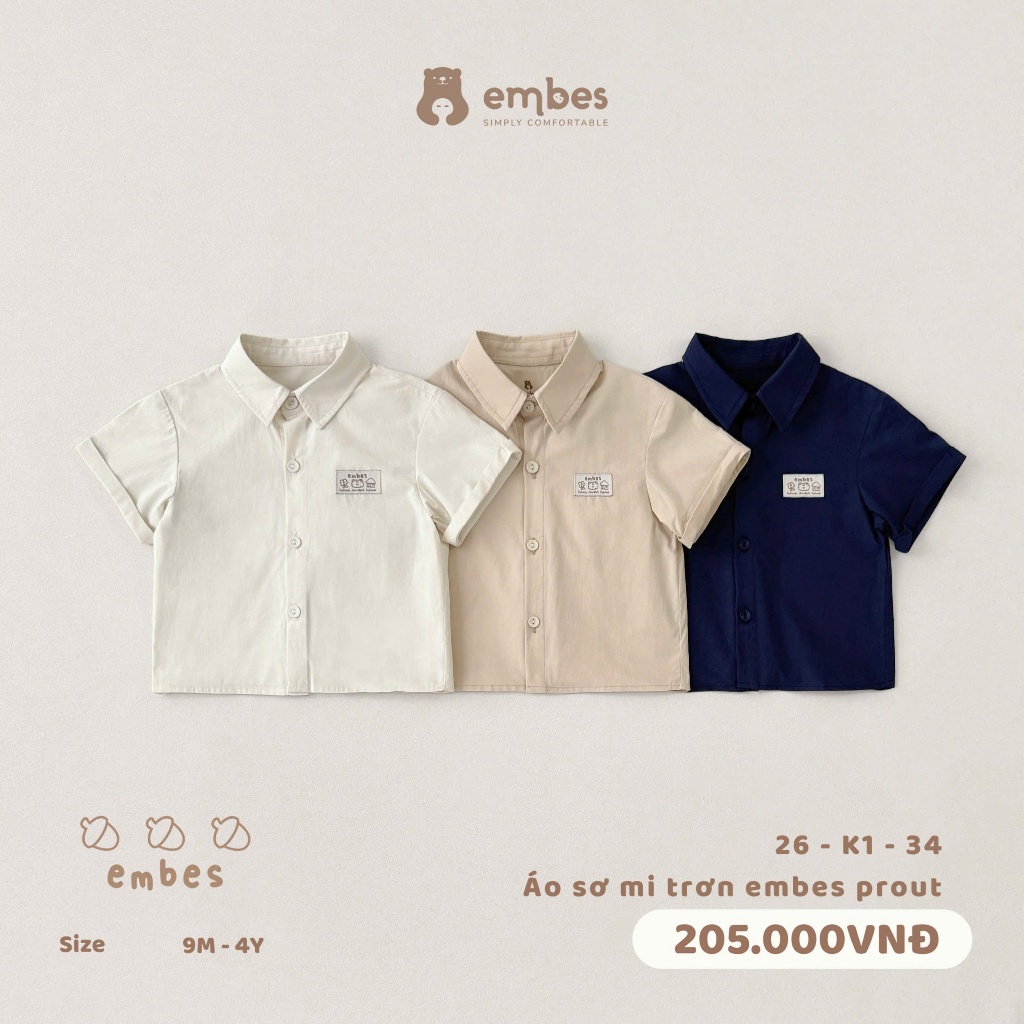 Áo Sơ Mi Cho Bé Embes, Áo Sơ Mi Cộc Tay Thêu Họa Tiết Chất Mềm Mát Cho Bé Trai Bé Gái Từ 8-18Kg