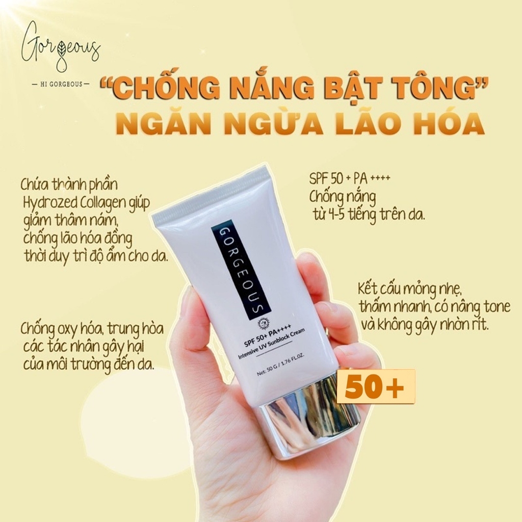[2Tuýp+2Nạ] Combo 2 Kem Chống Nắng Gorgeous Classic Nâng Tông Siêu Đẹp, Không Bết Rít, Kiềm Dầu (100g)