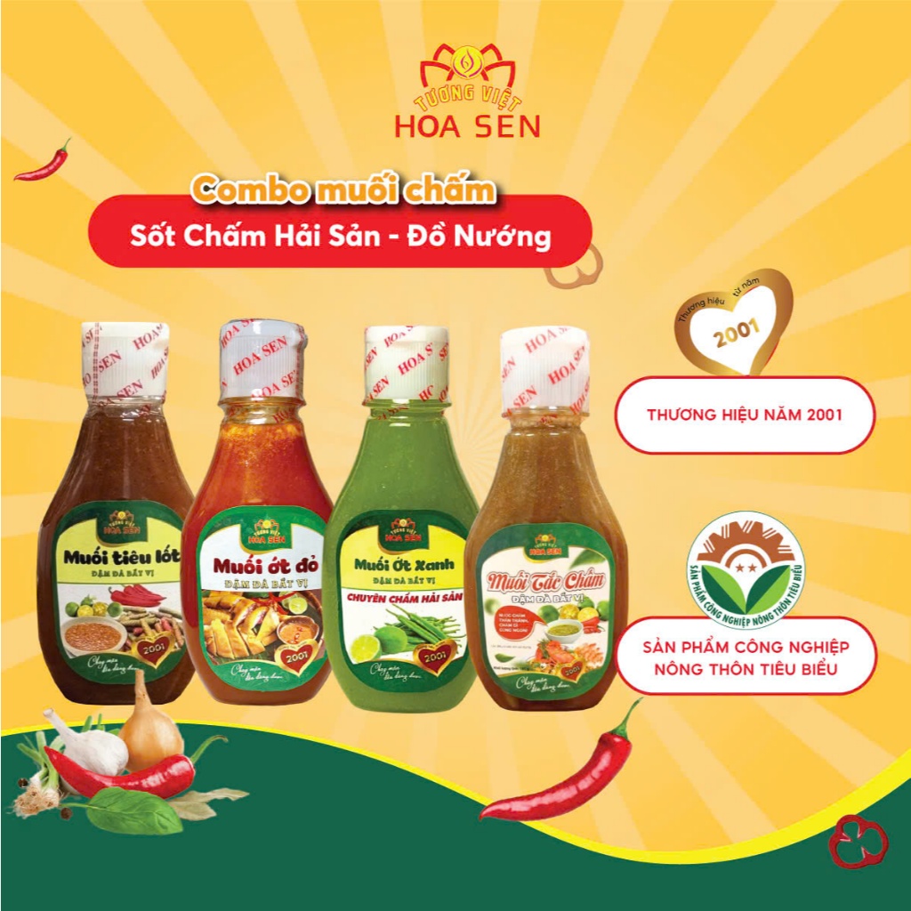 Combo Muối Chấm Tương Việt Hoa Sen: Muối ớt xanh/ớt đỏ, Muối tiêu/Muối tắc chai 185g, dùng chấm hải sản, đồ nướng