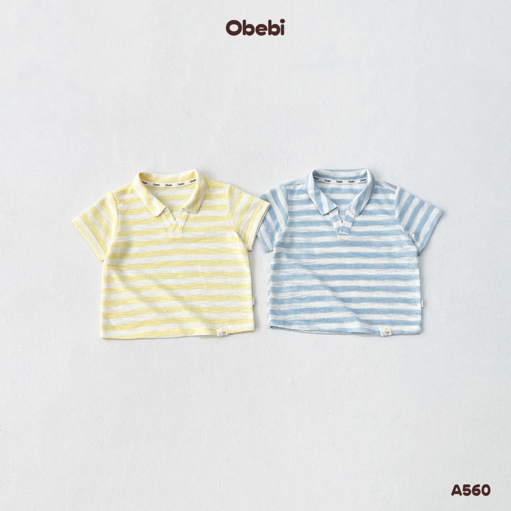 Áo Polo Kẻ Mùa Hè Vải Dệt Thoi Mềm Mát Cổ Mở Cúc Độc Đáo Obebi Cho Bé Trai Bé Gái Từ 8-22KG A560