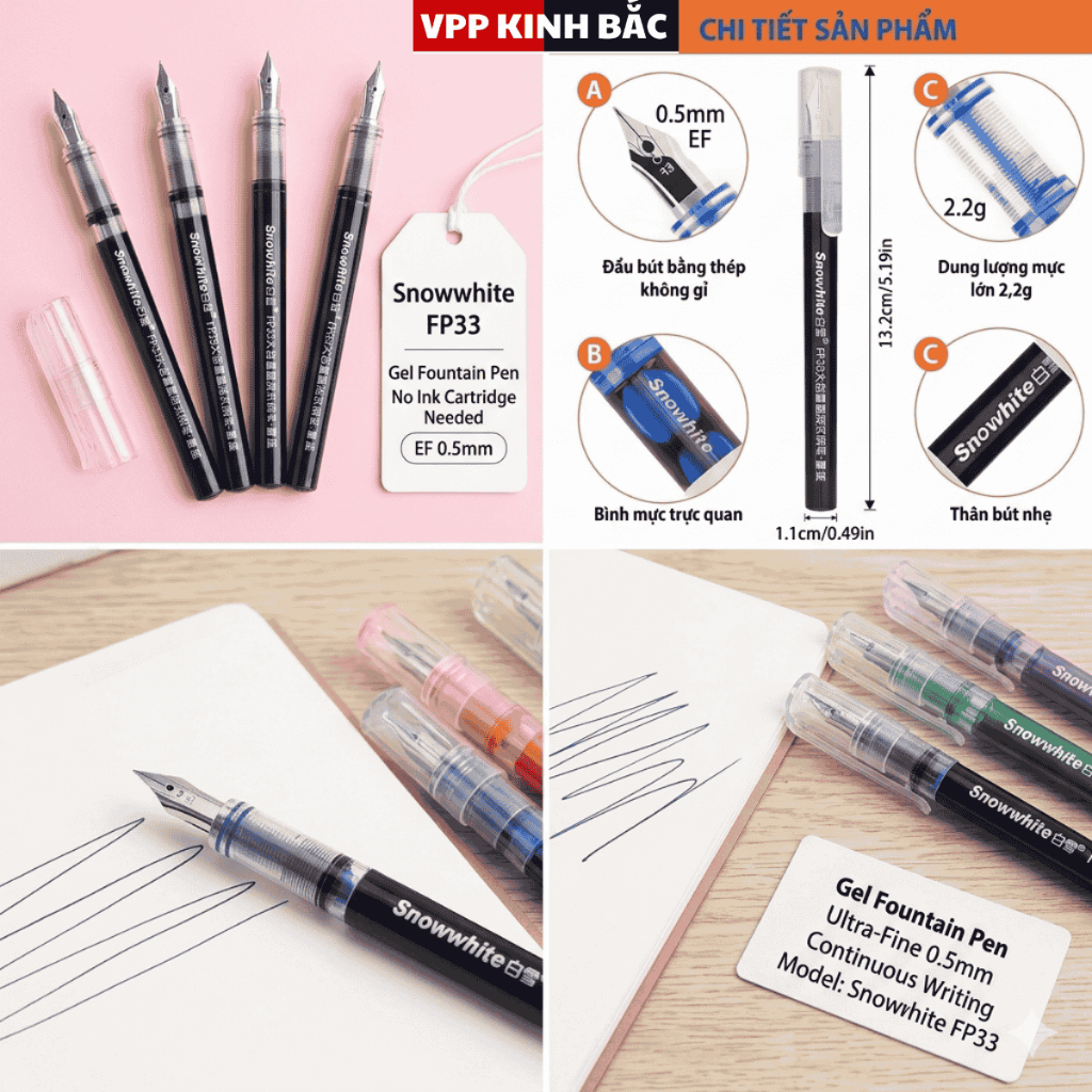 ( Mẫu Mới ) 3 Bút Máy Gel FP33 - Mực Có Sẵn, Viết Êm Trơn, Ngòi EF 0.38mm Dùng Cho Học Sinh Tiểu Học & Văn Phòng.