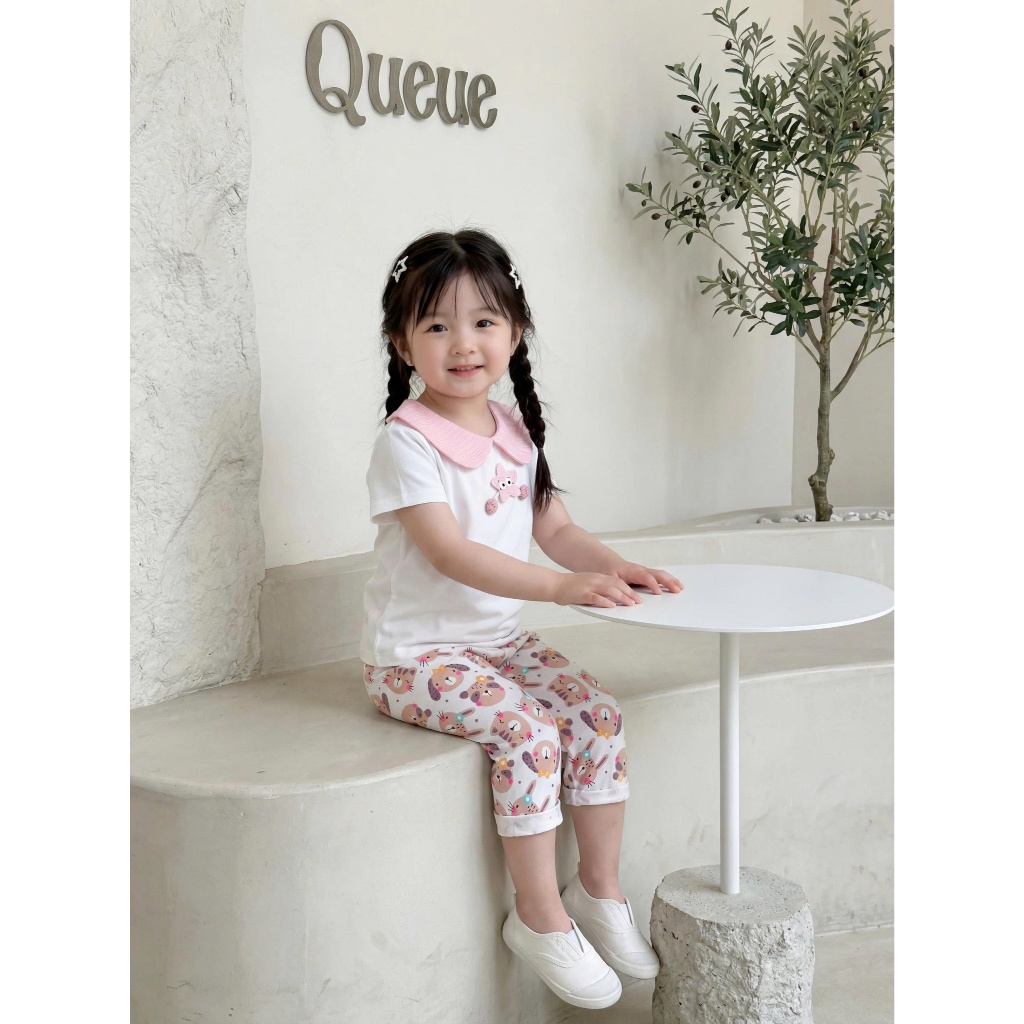 Set bộ cộc tay bé gái cổ sen Miniumbaby có cúc gáy gắn hình mix quần lửng chất cotton mềm mịn SB2622
