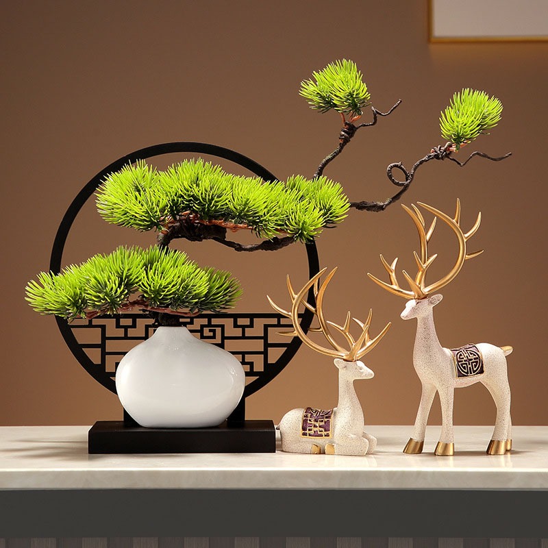 Bình lọ hoa củ sen tròn kèm cành tùng khung gỗ trang trí nhà cửa