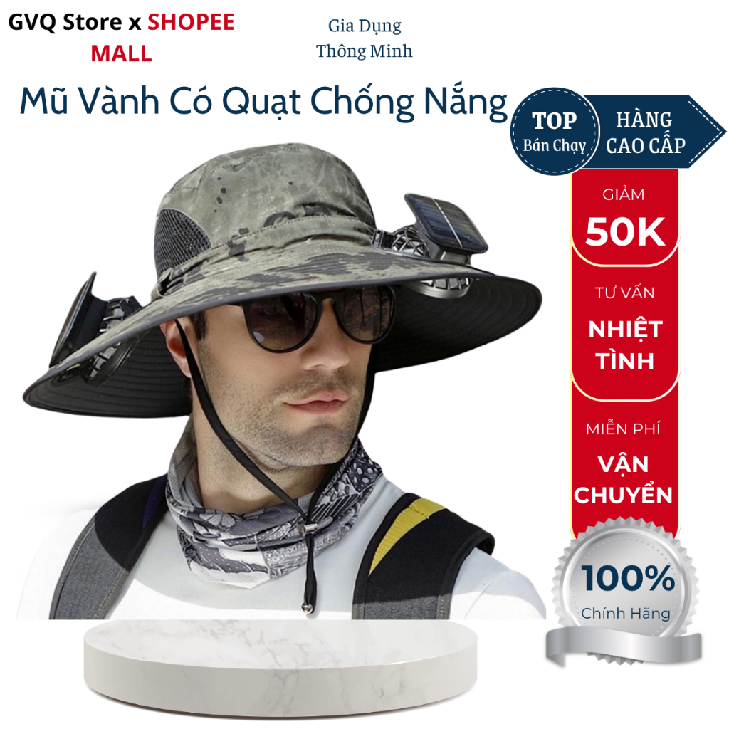 Mũ Vành Chống Nắng GVQ Store Kèm 2 Quạt Năng Lượng Mặt Trời Có Pin Lithium Chống Thấm Nước