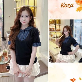 ( TOP BÁN CHẠY ) Áo Thun Ôm Body Phối Cổ Sơ Mi Kẻ Sọc Style Hàn Quốc Thanh Lịch AOT032