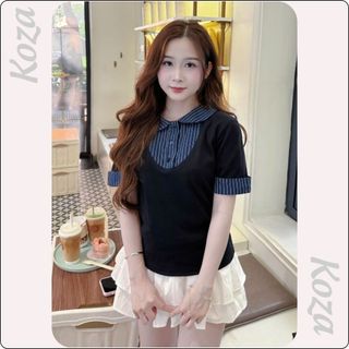 ( TOP BÁN CHẠY ) Áo Thun Ôm Body Phối Cổ Sơ Mi Kẻ Sọc Style Hàn Quốc Thanh Lịch AOT032