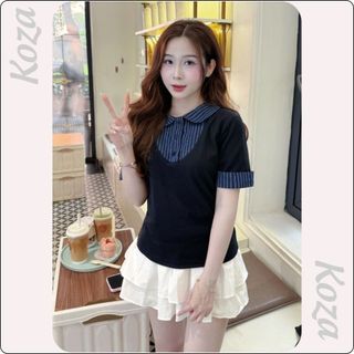 ( TOP BÁN CHẠY ) Áo Thun Ôm Body Phối Cổ Sơ Mi Kẻ Sọc Style Hàn Quốc Thanh Lịch AOT032