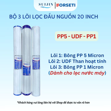 Bộ 3 Lõi Lọc Nước Đầu Nguồn, Bộ Lọc Thô Đầu Nguồn 20 inch Gồm Lõi PP UDF CATION 2in1 Xử Lý Nước Máy/Nước Giếng
