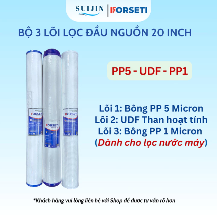 Bộ 3 Lõi Lọc Nước Đầu Nguồn, Bộ Lọc Thô Đầu Nguồn 20 inch Gồm Lõi PP UDF CATION 2in1 Xử Lý Nước Máy/Nước Giếng