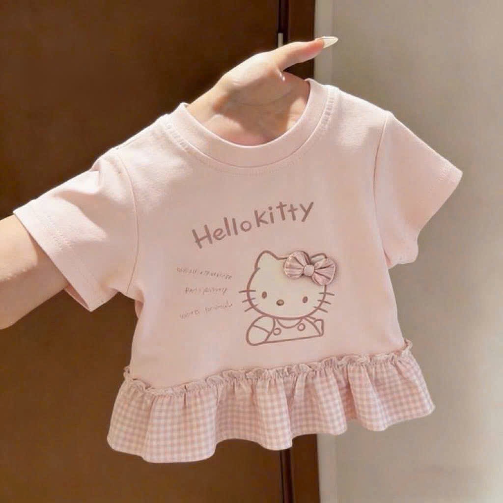 Áo Thun Bé Gái Voi Kids Style - Sét 2 Áo Kiểu Cách Điệu Phối Nơ Bèo Nhún Siêu Xinh, Chất Cotton Mềm Mát Cho Bé Đi Chơi
