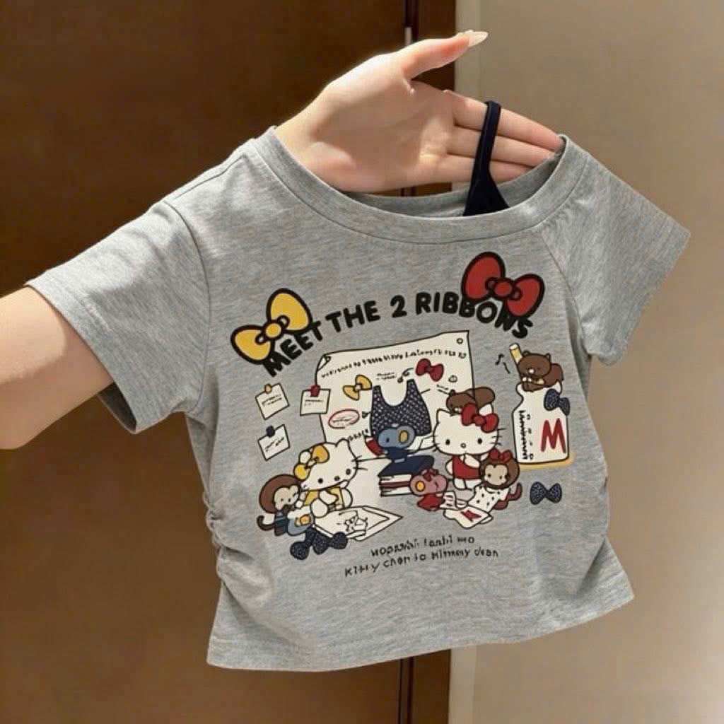 Áo Thun Bé Gái Voi Kids Style - Sét 2 Áo Kiểu Cách Điệu Phối Nơ Bèo Nhún Siêu Xinh, Chất Cotton Mềm Mát Cho Bé Đi Chơi