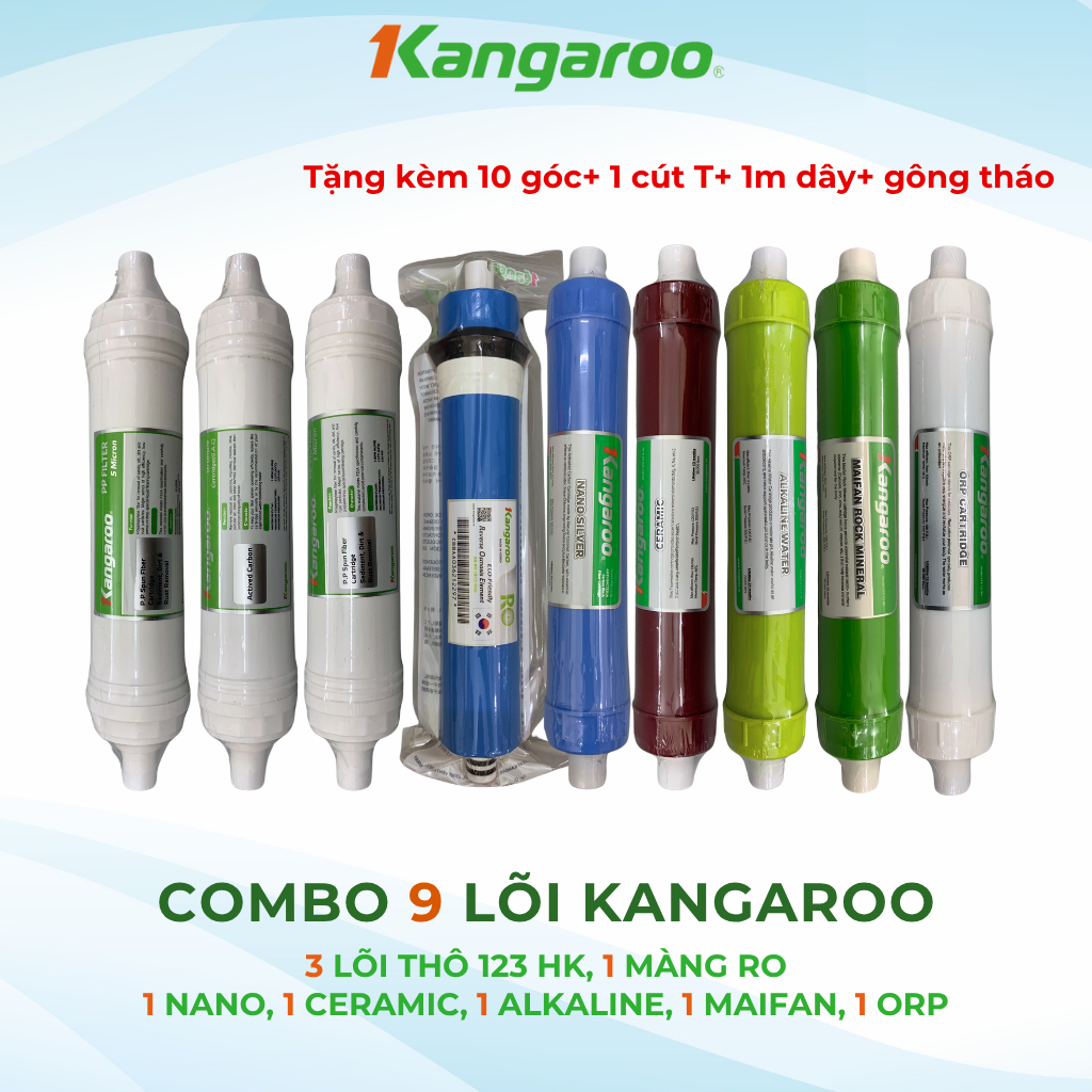 Combo 9 lõi lọc nước Kangaroo bao gồm lõi 123 HK + RO 50GDP + Nano Ceramic Alkalibe Maifan ORP  cho model máy KGRP88