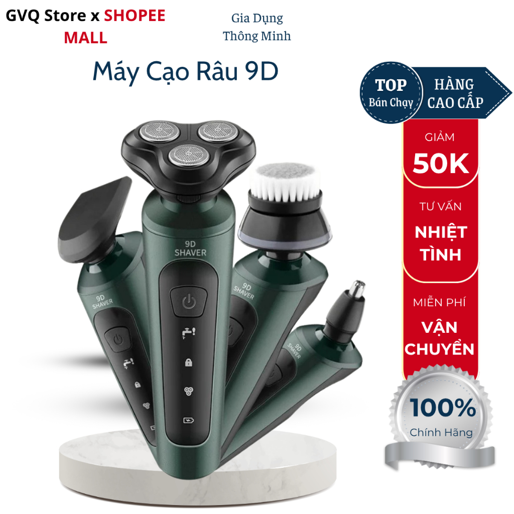 Máy Cạo Râu 9D GVQ Store Thiết Kế 3 Lưỡi Kép 4 In 1 Hàng Cao Cấp IP X7 Kháng Nước Hiện Đại