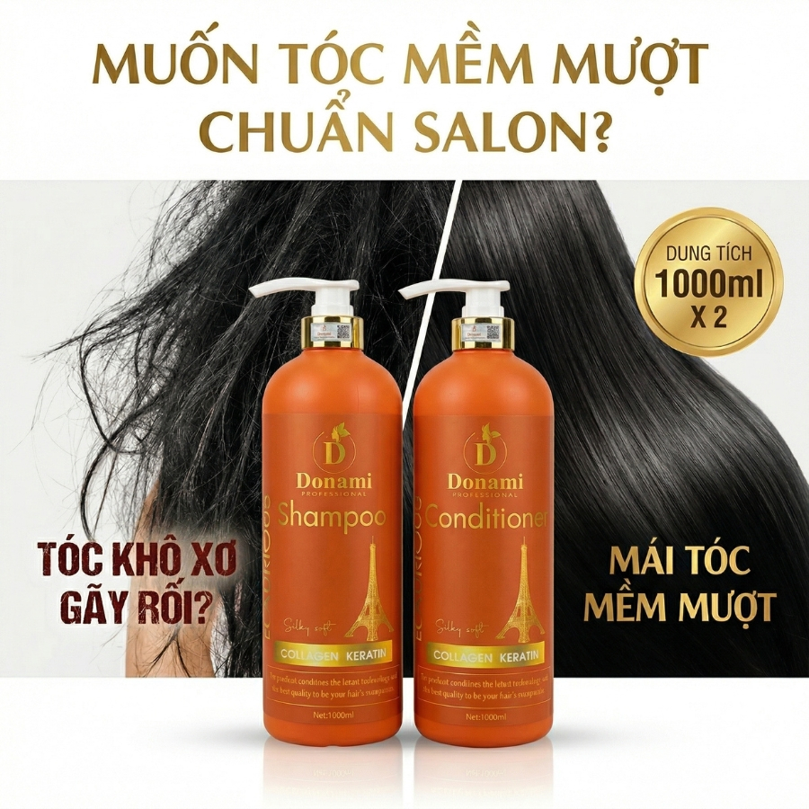 Bộ Dầu Gội Xả Donami 1000ml - Phục Hồi Hư Tổn, Ngăn Gãy Rụng, Kích Mọc Tóc