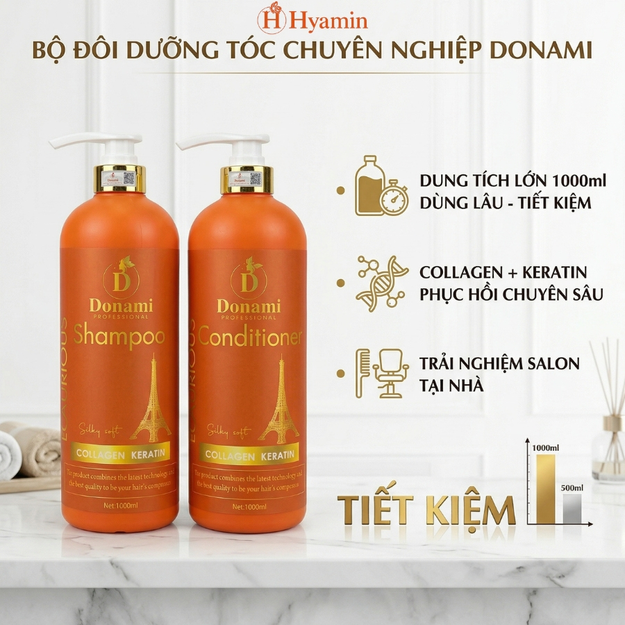 Bộ Dầu Gội Xả Donami 1000ml - Phục Hồi Hư Tổn, Ngăn Gãy Rụng, Kích Mọc Tóc