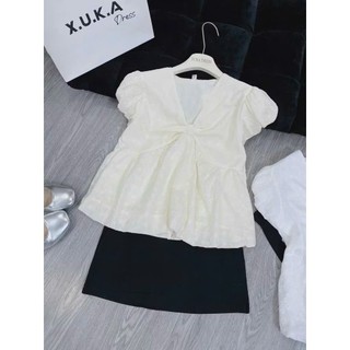(Hàng QC) Áo Babydoll dáng bí 2 màu cổ V chất ren xô phong cách dễ thương xinh xắn