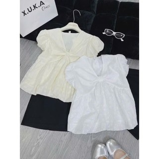 (Hàng QC) Áo Babydoll dáng bí 2 màu cổ V chất ren xô phong cách dễ thương xinh xắn