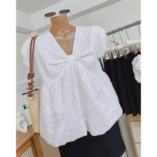 (Hàng QC) Áo Babydoll dáng bí 2 màu cổ V chất ren xô phong cách dễ thương xinh xắn