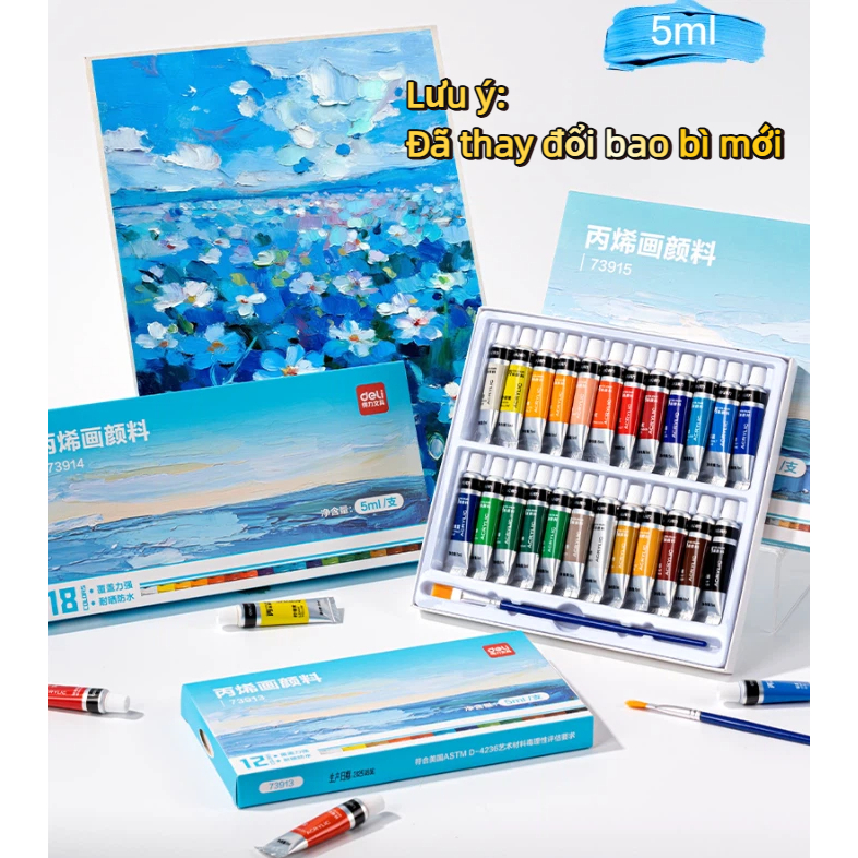Deli Bộ Màu Acrylic Dạng Tuýp 5ml, Chống Nước  Màu Tươi, Nhanh Khô, Kèm Khay Cọ