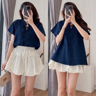 Áo sơ mi nữ cổ trụ dây rút dáng rộng dễ phối đồ dành cho nữ mặc hằng ngày