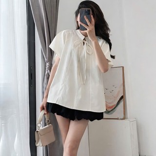 Áo sơ mi cổ trụ thắt nơ tay cánh dơi form rộng dành cho nữ mặc basic