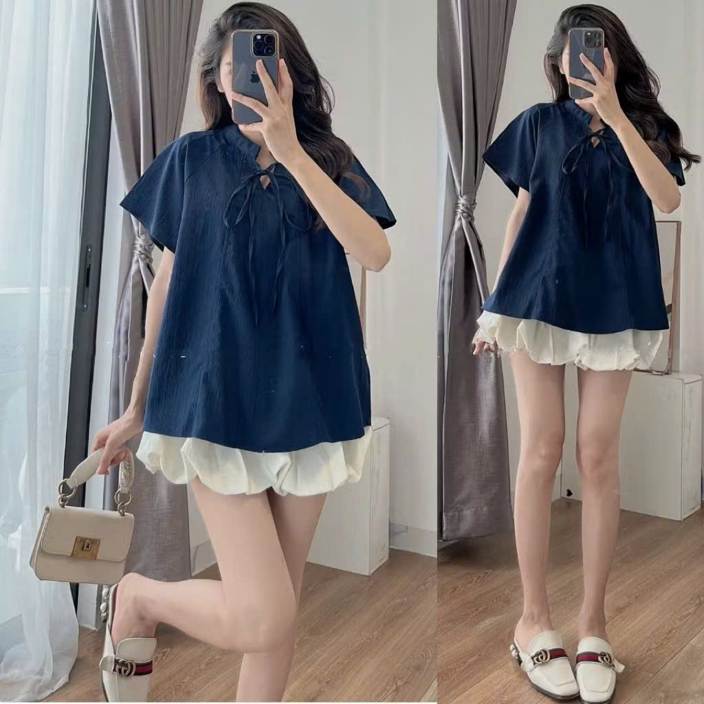 Áo sơ mi cổ trụ dây rút dáng rộng dễ phối đồ dành cho nữ mặc basic ...