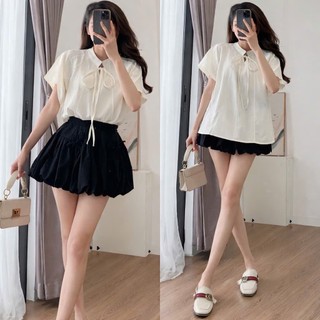 Áo sơ mi cổ trụ thắt nơ tay cánh dơi form rộng dành cho nữ mặc basic