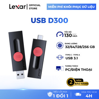 USB 3.2 Gen 1 Lexar D300 32GB/ 64GB/ 128GB/ 256GB, Tốc độ đọc 130Mb/s, Chất liệu nhựa giảm nhiệt, BH 2 năm