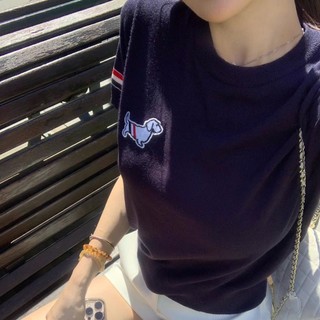 Áo thun babytee form ôm tay viền sọc thêu hình cún xinh xắn, dễ thương dành cho nữ