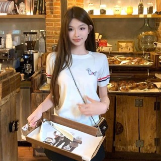 Áo thun babytee form ôm tay viền sọc thêu hình cún xinh xắn, dễ thương dành cho nữ
