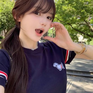 Áo thun babytee form ôm tay viền sọc thêu hình cún xinh xắn, dễ thương dành cho nữ