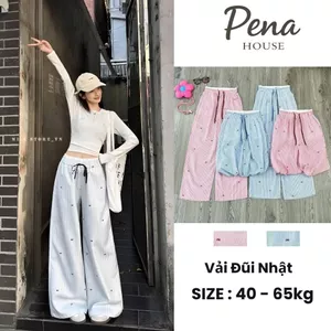 Quần Ống Rộng Nữ Kẻ Sọc Phối Nơ Siêu Xinh Chất Đũi Nhật Dày Dặn Tôn Dáng Mặc 4 Mùa - Pena House