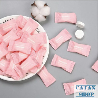 Khăn Rửa Mặt Cotton Dạng Viên Nén Mang Du Lịch, Khăn Giấy Nén Viên Kẹo Hồng Túi 100 Viên, 50 Viên