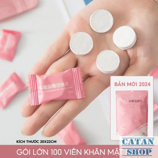 Khăn Rửa Mặt Cotton Dạng Viên Nén Mang Du Lịch, Khăn Giấy Nén Viên Kẹo Hồng Túi 100 Viên, 50 Viên