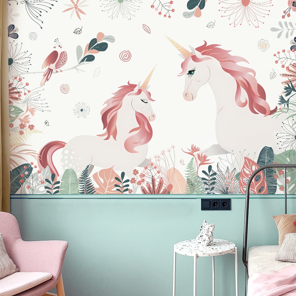 Decal Dán Tường Kì Lân Unicorn Hoa Lá Nghệ Thuật Có Keo Sẵn 98x87cm - Trang Trí Phòng Ngủ Cho Bé