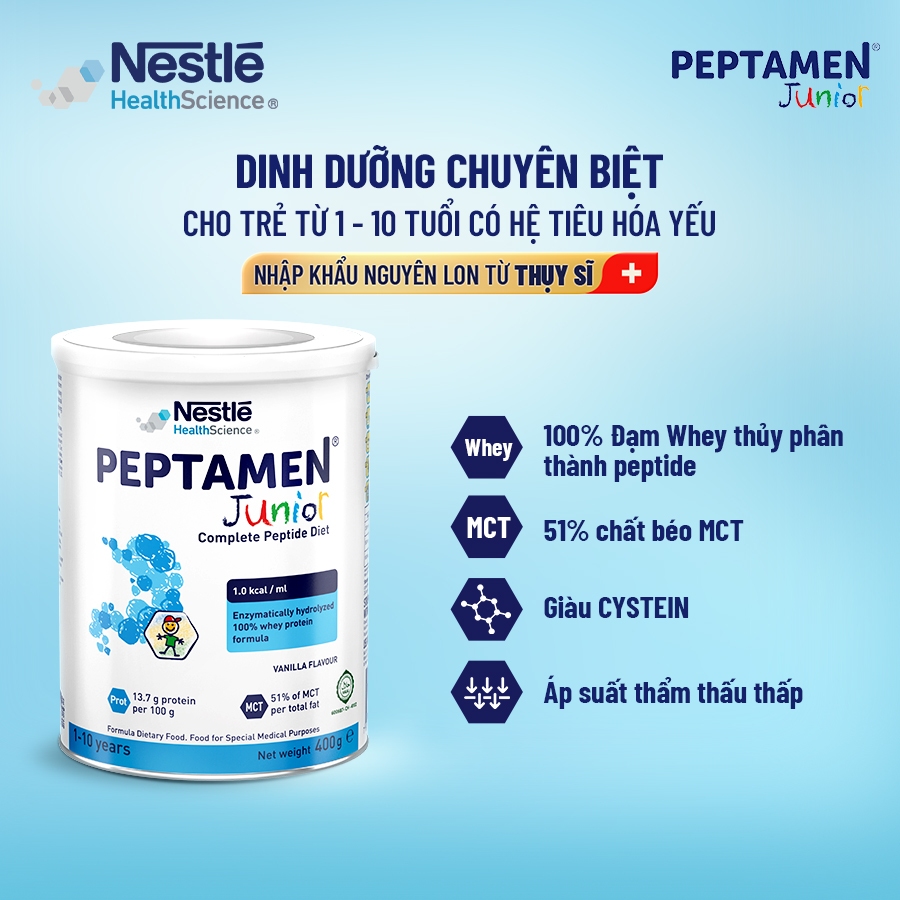 Bộ 3 Sữa Bột NESTLÉ PEPTAMENJUNIOR Thụy Sĩ Hỗ Trợ Kém Hấp Thu,Giảm Chức Năng Tiêu Hóa 400G