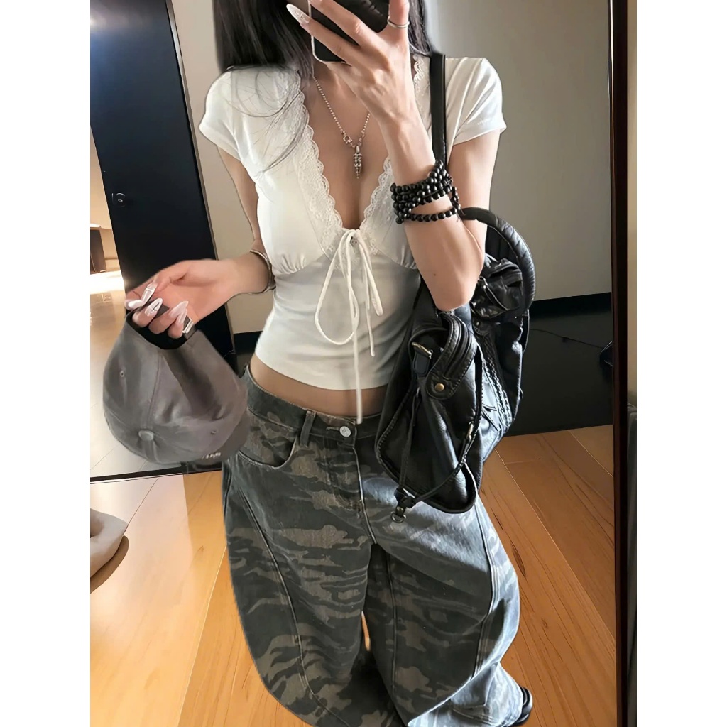 (sẵn)Áo thun cộc tay nữ cổ V viền ren buộc nơ màu trơn trắng đen chất thun co giãn ATNT022 - Tiktik