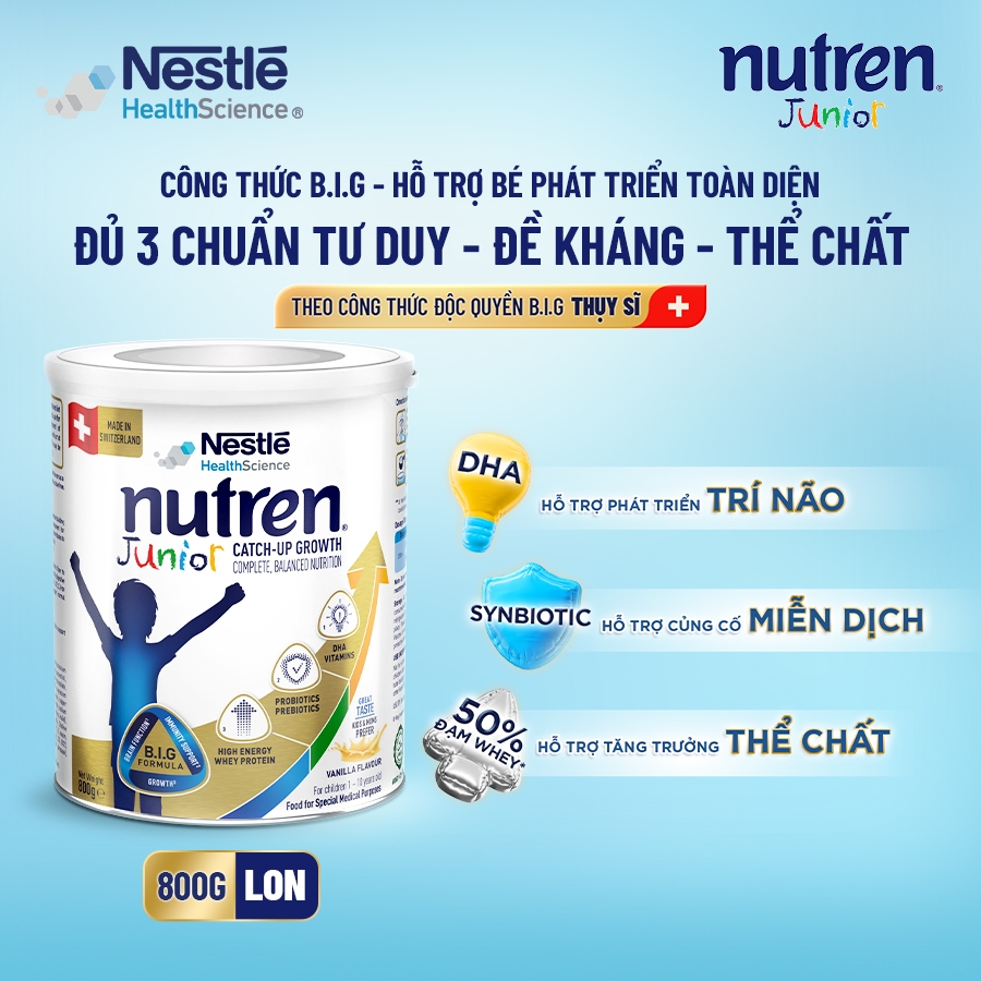Bộ 2 Sữa Bột NESTLÉ NUTREN JUNIOR Thụy Sĩ Với Công Thức BIG Hỗ Trợ Tăng Trưởng Cho Bé 800G+Lốc 4 hộp sữa pha sẵn 180ML