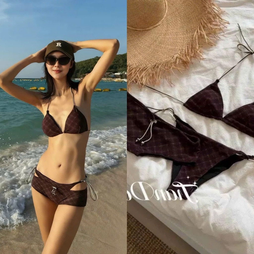 (SẴN)Set bộ bikini màu tím kẻ caro 3 món chun BKN007 - Tiktik