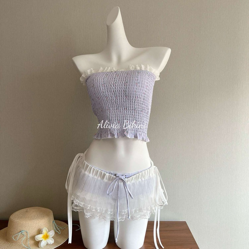 (Orrder 7-15n)Set Áo Quây 3 Chi Tiết Đi Biên Màu Tím Thuỷ Chung Kèm Chân Váy Ren Dây Nơ❤️