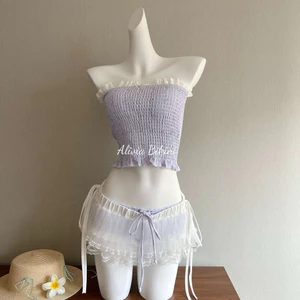 Set Áo Quây 3 Chi Tiết Đi Biên Màu Tím Thuỷ Chung Kèm Chân Váy Ren Dây Nơ❤️