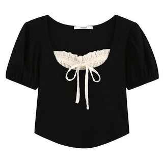 Áo thun croptop phối bèo dây nơ tay bồng kiểu nữ dễ phối đồ