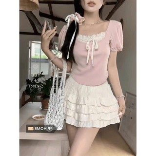 Áo thun croptop phối bèo dây nơ tay bồng kiểu nữ dễ phối đồ