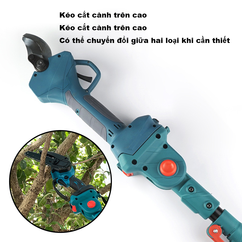 Cưa cành cây trên cao 3m dùng pin - Kéo cắt cành cây trên cao dài 3 mét