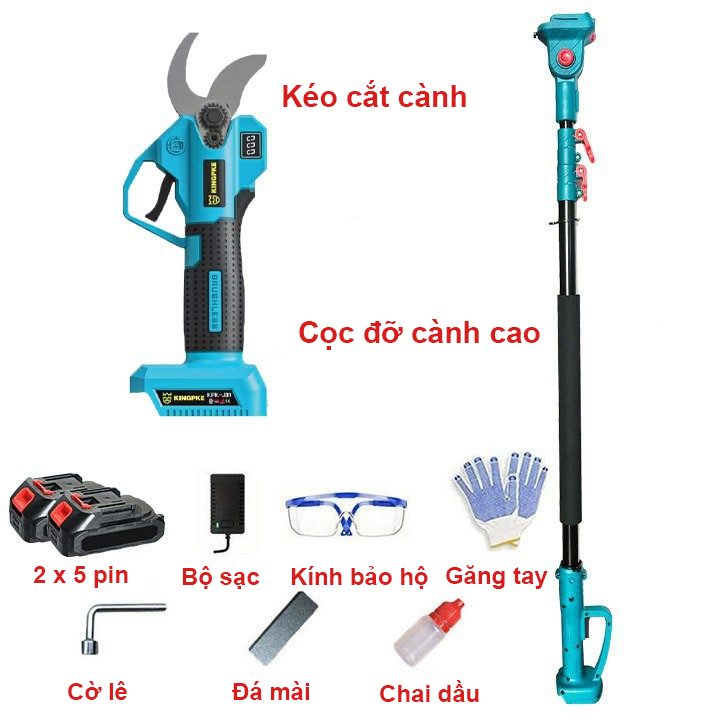 Cưa cành cây trên cao 3m dùng pin - Kéo cắt cành cây trên cao dài 3 mét