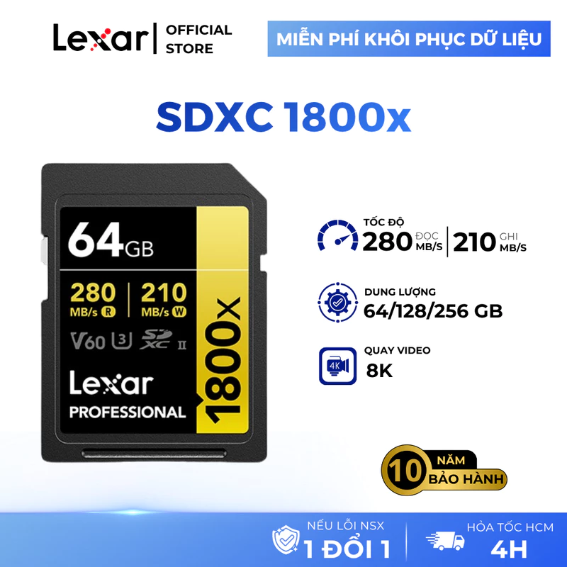Thẻ nhớ SDXC Lexar 1800x UHS-II 64GB 128GB 256GB, tốc độ 280MB/s cho máy ảnh, máy quay — ảnh 1