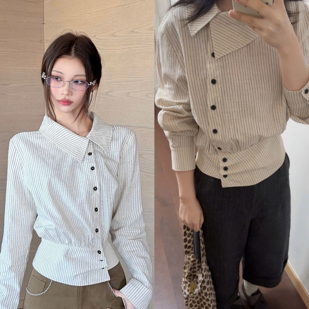 (sẵn)Áo sơ mi dáng vừa hoạ tiết kẻ sọc màu trắng kết hợp khuy gấu thanh lịch ASM019 - Tiktik
