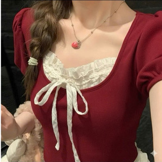Áo thun croptop phối bèo dây nơ tay bồng kiểu nữ dễ phối đồ