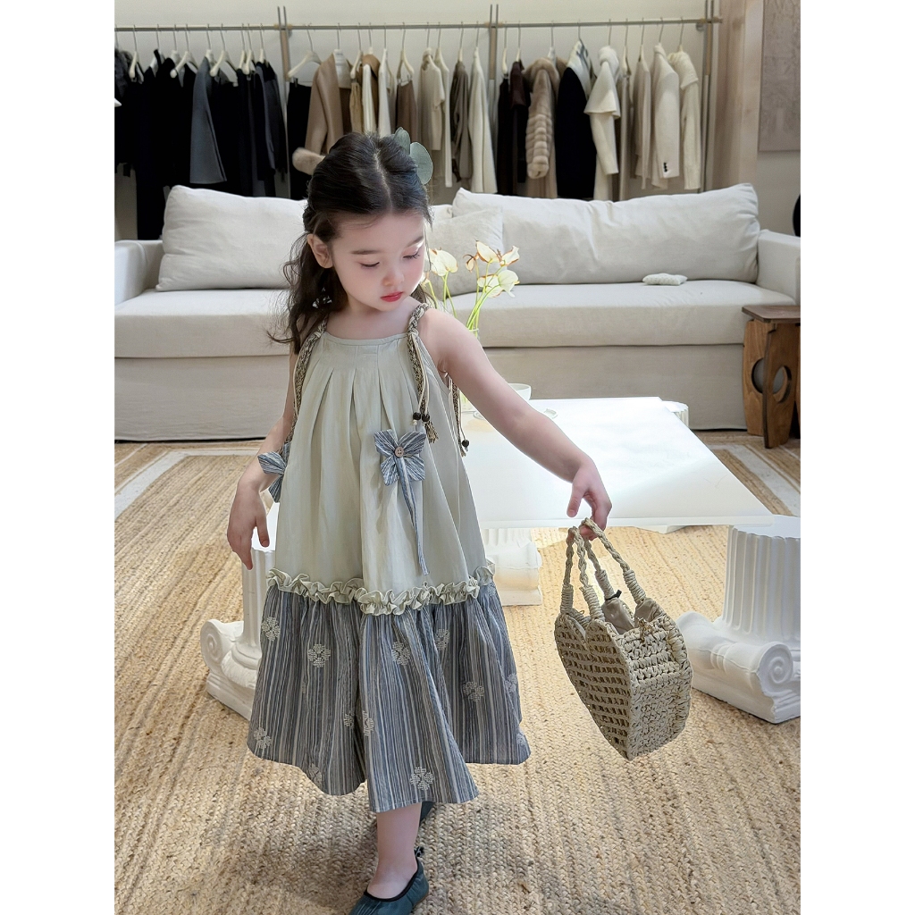 CANDI MIMI Váy hai dây tết đính hạt cườm nơ kẻ cao cấp - NW6325