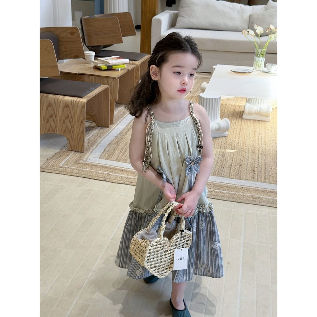 CANDI MIMI Váy hai dây tết đính hạt cườm nơ kẻ cao cấp - NW6325